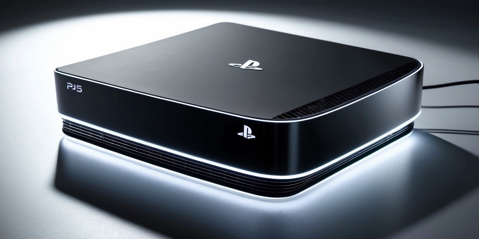 A sleek, modern PS5 Pro console sitting on a minimalist, silver-gray surface with a subtle gradient effect, showcasing its futuristic design and precise engineering, with the console's matte black and glossy white accents reflecting a hint of studio lighting, highlighting its curves and ventilation grills, with the iconic PlayStation logo embossed in silver on the top, accompanied by a few strategically placed, thin LED lights that add an air of sophistication and cutting-edge technology, all within a dramatic, low-angle shot with a shallow depth of field, emphasizing the console's power and sleekness.