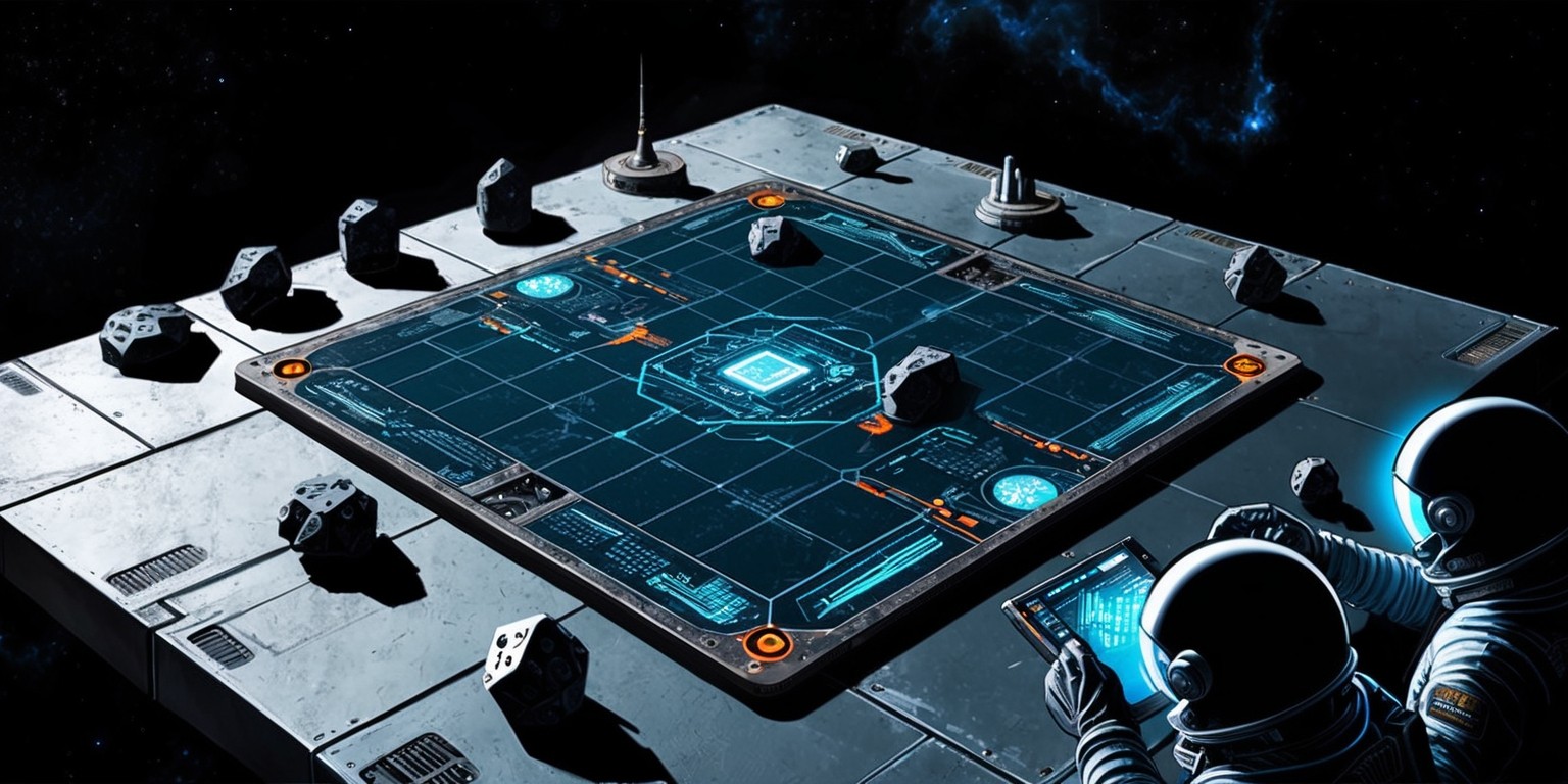 A futuristic, high-contrast illustration of the Undaunted 2200: Callisto board game, set against a dark, starry space background with subtle nebulae. The game board itself is a worn, metallic surface with a subtle grid pattern, adorned with intricate, neon-lit circuitry and holographic display screens. The game pieces, shaped like spacecraft and asteroids, are scattered across the board, casting long, ominous shadows. In the foreground, a few spacesuit-clad astronauts, with determined expressions and diverse skin tones, are shown examining the board, their faces illuminated by the soft glow of their helmet lamps. The overall aesthetic is a blend of gritty, industrial realism and sleek, futuristic minimalism, with a predominantly dark blue and silver color palette accented by flashes of electric blue and orange.