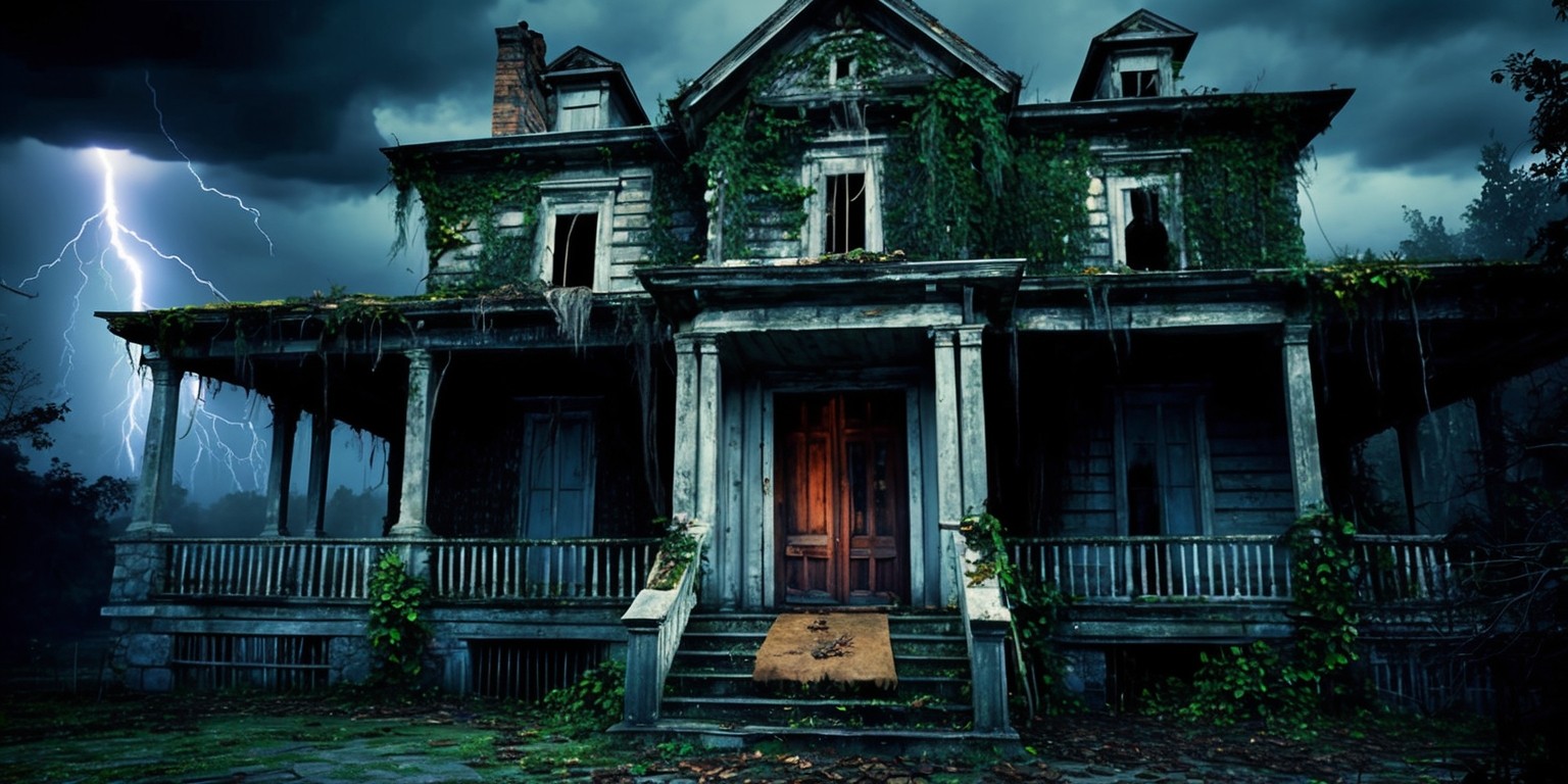 A eerie and abandoned mansion with a decrepit facade, overgrown with vines and moss, set against a dark and ominous stormy sky with flashes of lightning, inspired by the 2003 film 