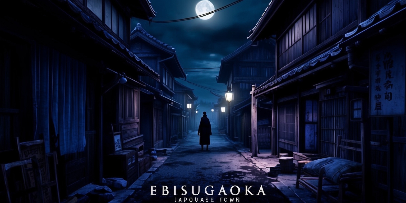 A dark and ominous screenshot from the Ebisugaoka horror game, set in a forsaken Japanese town with eerie alleyways and worn traditional buildings, illuminated by faint moonlight, with a mix of deep blues and purples dominating the color palette, and an overall sense of dread and foreboding, with subtle hints of horror elements such as old furniture, torn curtains, and flickering street lights, in a style that blends survival horror and Japanese folklore, with a focal point on a lone figure in the distance, shrouded in shadows, with an air of mystery and menace.