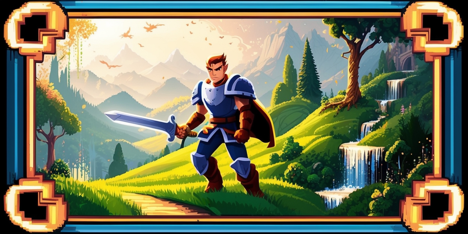 A vibrant and nostalgic digital illustration of a retro side-scrolling RPG game, set in a lush, fantastical world with pixelated graphics reminiscent of 16-bit classics, featuring a heroic protagonist with bold, defined features and a determined expression, clad in armor and wielding a sword, standing heroically in the foreground against a backdrop of rolling hills, towering trees, and misty mountains, with subtle, golden lighting and a warm color palette, complete with intricate details such as sparkling waterfalls, fluttering birds, and wispy clouds, all framed within a classic arcade-style border with a subtle gradient and ornate, curved edges, hinting at the thrill of adventure and mythical discovery.