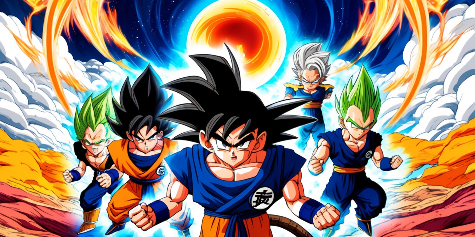 A vibrant, dynamic illustration of Dragon Ball GT anime, featuring Goku and his friends in a bold, exaggerated style with vibrant colors and dynamic shading, set against a dramatic, celestial background with swirling clouds and energy auras, with Goku in the foreground, sporting his iconic gi and intense expression, with piercing blue eyes and spiky black hair, surrounded by his comrades, Trunks, Pan, and Vegeta, each with their unique facial features, accessories, and aura colors, with bold linework, detailed textures, and explosive action lines, capturing the epic scope and high-energy action of the anime series, with a focus on vivid, saturated hues of blue, orange, and yellow, evoking a sense of drama, adventure, and cosmic conflict.