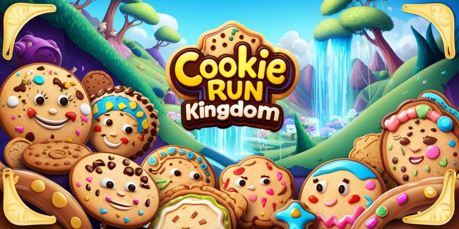 A vibrant and colorful digital illustration of the Cookie Run Kingdom game, featuring a variety of cookie characters with unique facial features and expressions, set against a whimsical and fantastical background with rolling hills, towering trees, and sparkling waterfalls, the cookies are adorned with intricate details and accessories, with bold lines and textures, and a mix of pastel and bright colors, the composition is dynamic with characters and elements overlapping and interacting with each other, the overall style is reminiscent of a fantastical and dreamlike cartoon, with a sense of wonder and adventure, the illustration is framed by a thin golden border with subtle patterns and shapes, with the game's logo prominently displayed in a curved line above the scene, in a playful and cursive font with bright colors and shimmering effects.