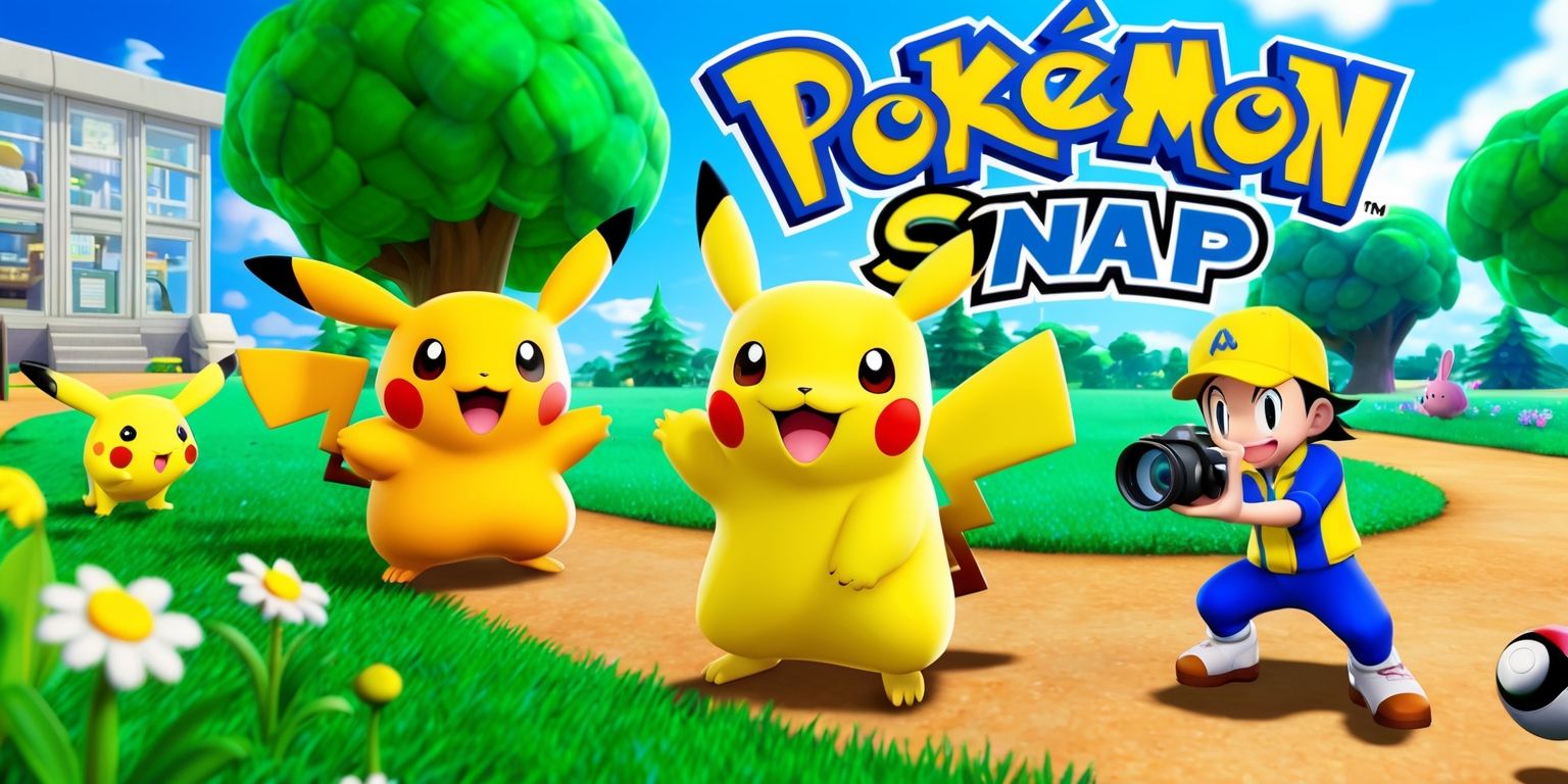 A vibrant and nostalgic scene from the Pokémon Snap game, featuring a 3D environment with lush green trees, blue skies, and a few Pokémon roaming around, including a happy Pikachu with bright yellow fur and red cheeks, standing near a few wildflowers, with Professor Oak's research laboratory visible in the background, and a camera-wielding player character, likely Todd Snap, wearing a yellow and blue outfit and a big smile, standing near a path, surrounded by various Poké Balls and photography equipment, with the game's logo, a stylized font with the words Pokémon Snap in blue and yellow, prominently displayed on the top of the image.