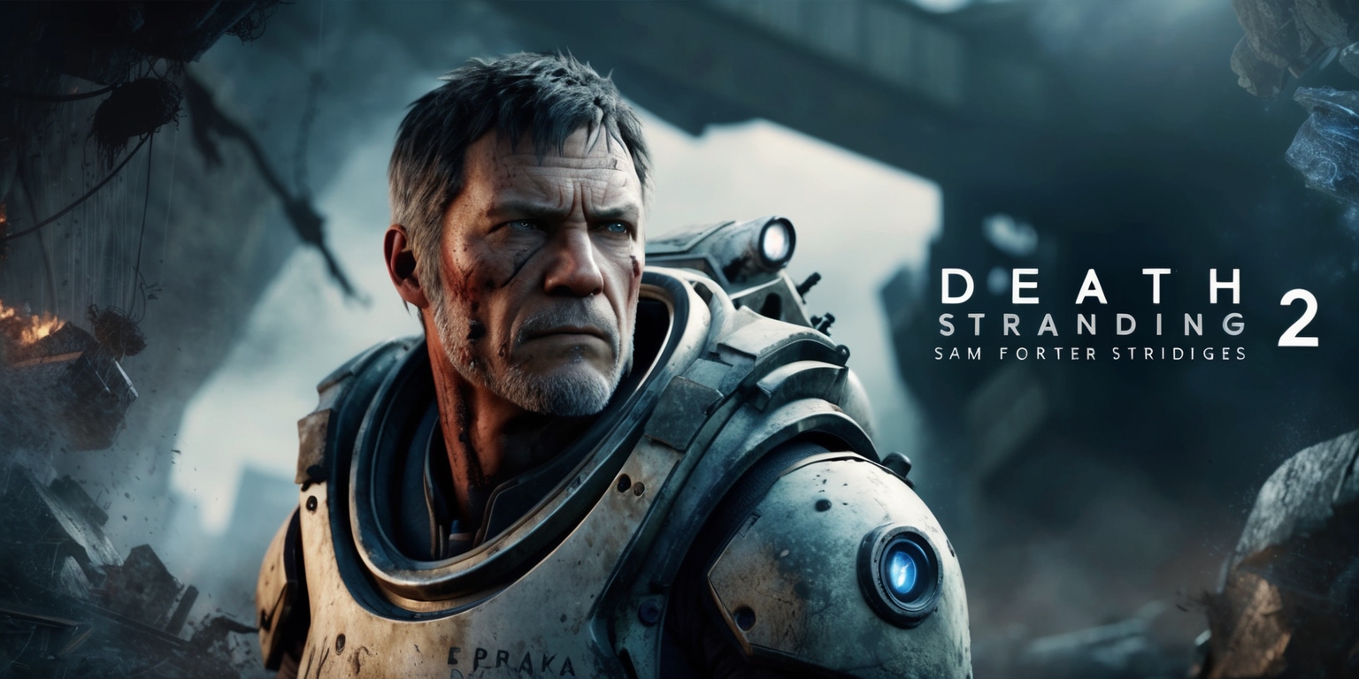 A cinematic scene from the Death Stranding 2 game, featuring a rugged and worn-out Sam Porter Bridges, with a determined expression, sharp facial features, and a strong jawline, wearing his iconic exosuit, set against a dramatic, post-apocalyptic backdrop with a mix of dark greys, blues, and muted earth tones, showcasing a blend of sci-fi and action elements, with a focus on atmospheric lighting, subtle textures, and intricate details on the exosuit and surrounding environment, incorporating a sense of depth and dimensionality, with the Death Stranding logo subtly integrated into the design, in a style reminiscent of Hideo Kojima's signature visual storytelling.