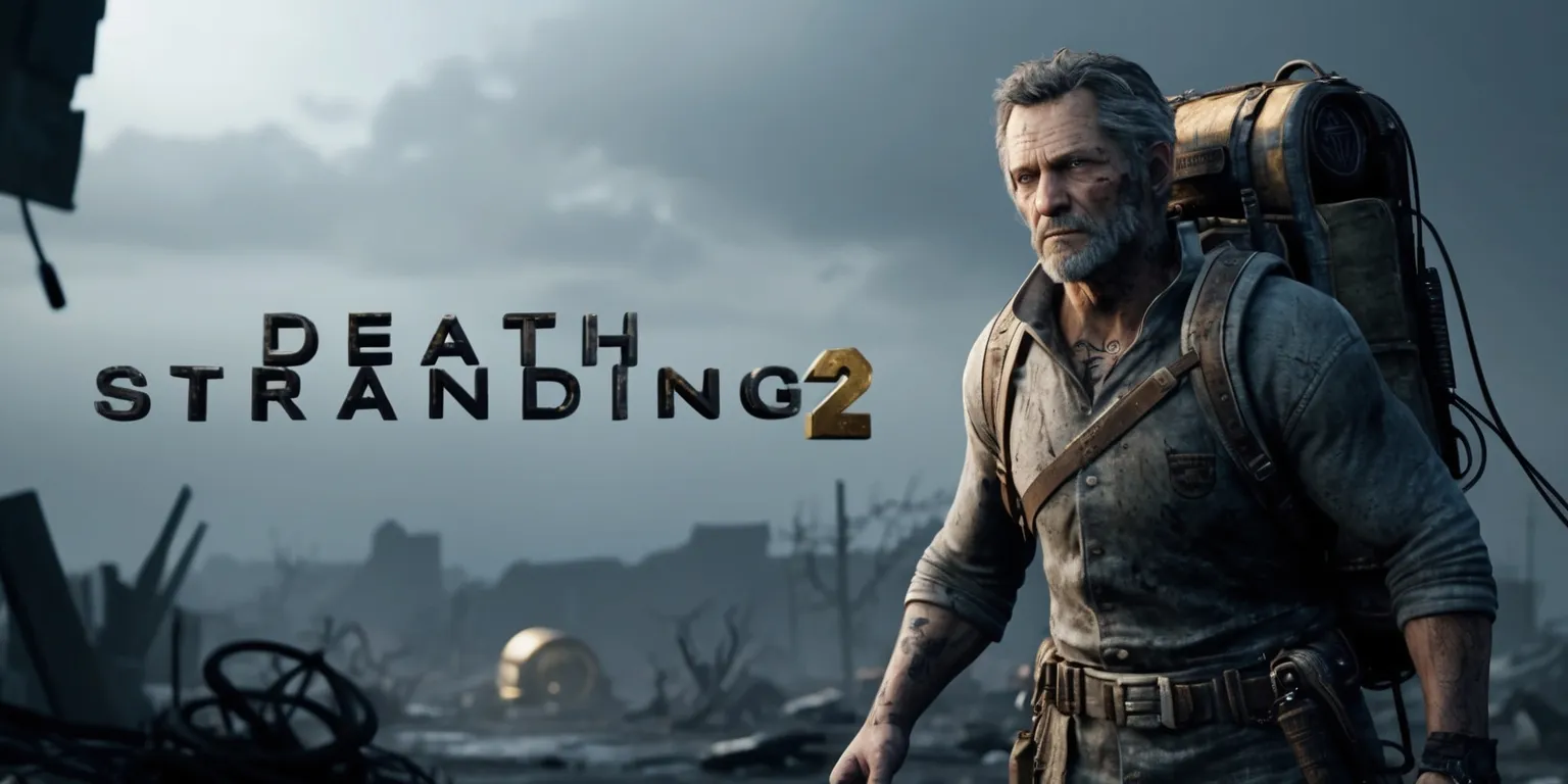 A cinematic scene from the Death Stranding 2 game, featuring a rugged, worn-out version of Sam Porter Bridges, with a determined expression on his weathered face, walking alone in a desolate, post-apocalyptic landscape under a somber, grey sky, with his iconic backpack and a complex network of ropes and cables attached to it, set against a backdrop of ruins and debris, with a subtle, golden glow of his BB pod visible in the distance, and the game's title in a bold, metallic font, with a mix of dark blues and greys dominating the color palette, and a sense of eerie, mystical atmosphere pervading the entire scene, with the character's facial features, including his striking eyes and sharp jawline, being prominently visible, and the overall style being a blend of futuristic and apocalyptic elements.
