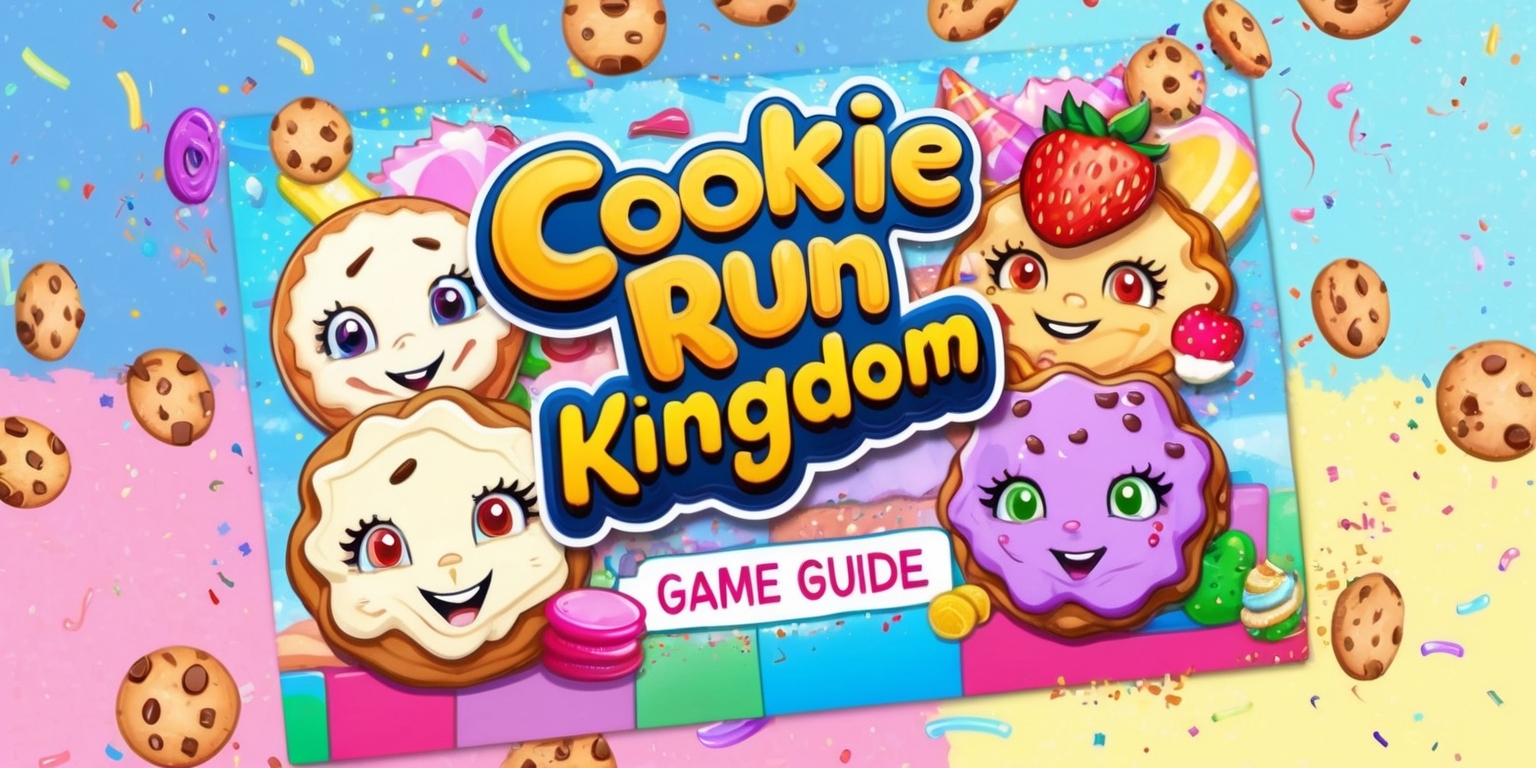A colorful digital illustration of a Cookie Run: Kingdom game guide, featuring a vibrant backdrop with pastel hues of blue, pink, and yellow, and a layout that includes various game characters, such as Pure Vanilla Cookie and Strawberry Cookie, with detailed facial features and expressive eyes, surrounded by cookie-themed elements, like rolling cookies and candy, and incorporating stylized text in a bold, playful font, with the game's logo prominently displayed in a bright, metallic color, and additional details like sparkles, glitter, and confetti to evoke a sense of fun and excitement, all carefully arranged in a visually appealing composition that showcases the whimsical world of Cookie Run: Kingdom.