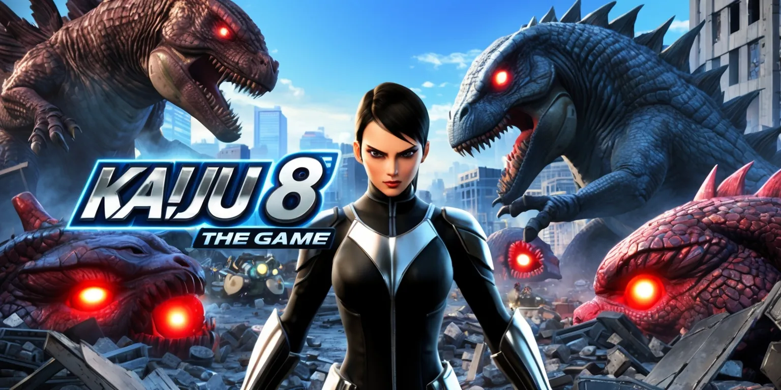 Kaiju No. 8 The Game mobile game screenshot with a vibrant and action-packed landscape, featuring the main character in the center with sharp facial features and determined expression, wearing a sleek black and silver costume, surrounded by massive kaijus with scaly textures and glowing red eyes, set against a backdrop of a destroyed city with crumbling buildings and debris-filled streets, with a bold and futuristic font displaying the game's logo in metallic silver and neon blue colors, and a variety of Japanese-inspired graphics and UI elements, including menus and buttons, in a mix of bright and muted colors, with a focus on dynamic lighting and dramatic shading to enhance the overall gaming experience.