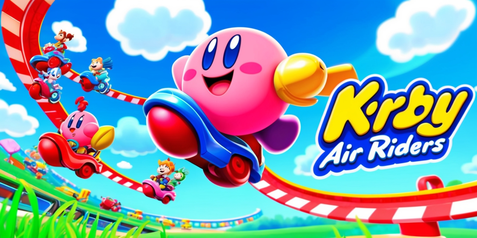 A vibrant and colorful illustration of the Kirby Air Riders game, featuring Kirby and his friends riding on Air Ride machines, set against a bright blue sky with fluffy white clouds, with a mix of green grass and colorful tracks in the background, incorporating bold lines and dynamic shapes, with a focus on capturing the game's energetic and playful atmosphere, and including detailed facial expressions on the characters, such as Kirby's bright pink complexion and cheerful smile, with the Air Ride machines designed in various styles and colors, and the game's logo prominently displayed in a fun, cursive font.