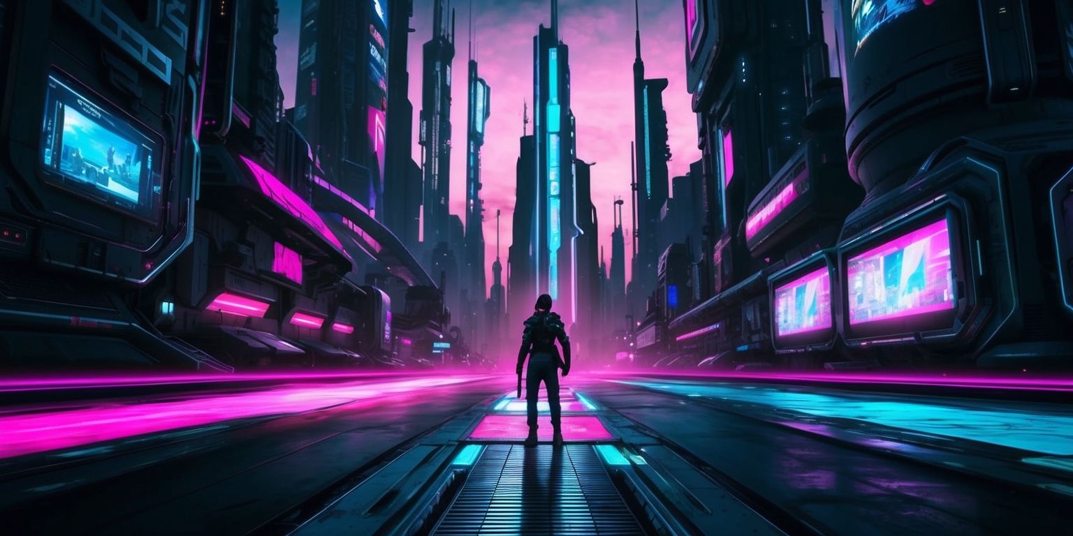 A futuristic cyberpunk cityscape at dusk with a lone adventurer standing at the edge of a neon-lit street, surrounded by towering skyscrapers and holographic advertisements, with a sense of dynamic movement and energy, featuring a mix of dark blues and purples in the shadows, vibrant pinks and blues in the neon lights, and a predominantly dark grey and silver color scheme for the buildings and technology, with a gritty and high-tech style, incorporating sleek lines and metallic textures, and a subtle grid pattern in the background to enhance the sense of depth and complexity.