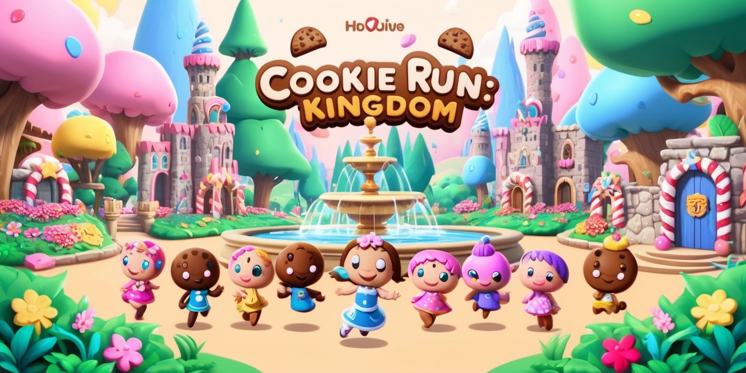 A whimsical illustration of the fantastical world of Cookie Run: Kingdom, featuring a vibrant color palette with pastel hues of pink, blue, and yellow, set against a soft, creamy background. The scene depicts a bustling kingdom with rolling hills, towering trees, and intricate stone buildings adorned with sweet-toothed details like icing and candy canes. In the foreground, a group of endearing cookie characters, each with distinct facial features and expressive eyes, gather around a grand fountain, surrounded by lush greenery and colorful flowers. Hololive, the iconic Cookie Run mascot, stands proudly at the center, sporting her signature bright smile and sparkling eyes. The overall style blends charming, storybook-like elements with modern, digital artistry, with bold lines, delicate textures, and intricate details that invite the viewer to explore the captivating world of Cookie Run: Kingdom.