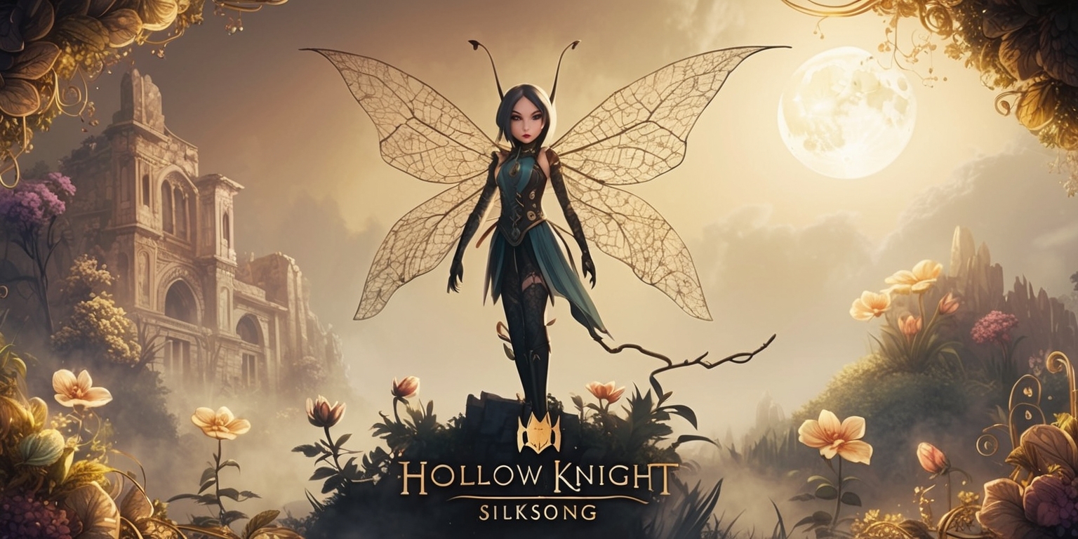 Hollow Knight: Silksong game with a hauntingly beautiful landscape, featuring Hornet, the protagonist, standing atop a misty, ancient ruin, surrounded by glowing, ethereal flowers and a full moon shining down, her delicate, lace-like wings spread wide, and her determined, mysterious face with pointed ears and piercing eyes, set against a warm, golden color palette with intricate, hand-drawn architectural details and lush, vibrant foliage, in a stylized, dreamlike illustration, with subtle, shimmering textures and delicate, swirling patterns.