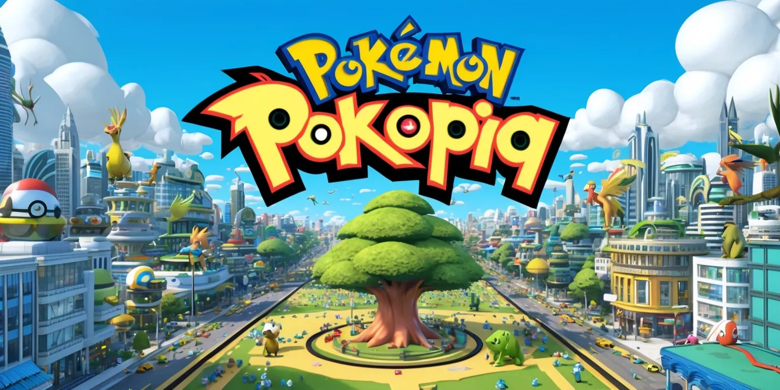 A vibrant digital illustration of the Pokémon Pokopia game, featuring a sprawling cityscape with towering buildings and bustling streets, set against a bright blue sky with puffy white clouds, filled with various Pokémon roaming freely, including a large tree-like Pokémon in the center, surrounded by smaller creatures, with a mix of modern and natural elements, incorporating a unique art style with bold lines, intricate textures, and vivid colors, such as shades of green, blue, and yellow, with the Pokémon Pokopia game logo prominently displayed in a curved line above the city, in a bold, cursive font with a bright, fiery color, and a subtle glow effect to give it a sense of depth and dimension.