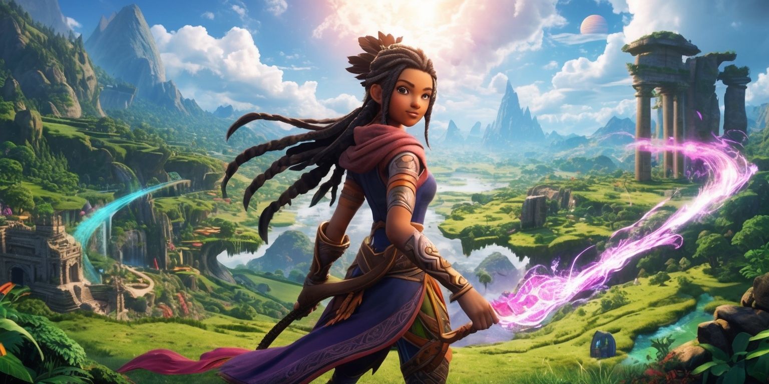 Mythic Odyssey game set in a vast, vibrant world with intricate landscapes, majestic creatures, and ancient ruins, featuring a dynamic protagonist with expressive facial features, diverse skin tones, and unique attire, interacting with a richly detailed environment, filled with lush green forests, towering mountains, and mystical energies, incorporating gacha mechanics and innovative movement systems, with a visually striking art style, blending fantastical and realistic elements, and showcasing strategic combat, puzzle-solving, and interactive storytelling, all set against a backdrop of deep lore and dynamic character development, with subtle textures, vibrant colors, and an immersive atmosphere.