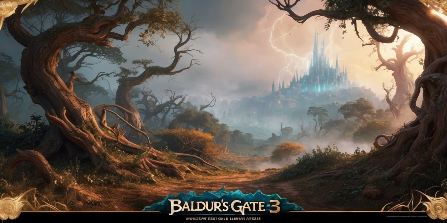 A fantastical, high-fantasy video game-inspired illustration of a scenic landscape from Baldur's Gate 3, set amidst a mystical forest with twisted ancient trees, gnarled branches, and overgrown foliage, bathed in a warm, golden hour light with subtle mist and fog rolling in. In the distance, a faint silhouette of a mystical city or fortress rises, with towering spires and grand architecture, surrounded by a shimmering aura of magical energy. The atmosphere is one of wonder, discovery, and adventure, with hints of mystery and danger lurking in the shadows. The color palette is rich, with earthy tones of olive green, terracotta, and misty blue, punctuated by flashes of gold, crimson, and ethereal luminescence. The style blends traditional fantasy art with modern digital media, featuring intricate details, textures, and subtle animations, evoking a sense of immersion and depth. The overall mood is one of epic scope, heroism, and epic storytelling.