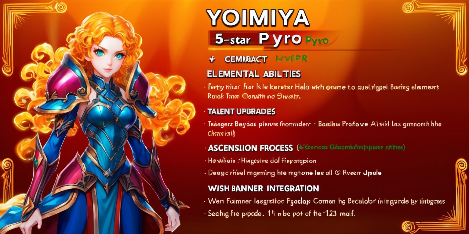 A vibrant, digitally illustrated poster showcasing Yoimiya, the 5-Star Pyro character from Genshin Impact, set against a warm, fiery orange background that gradates to golden hues at the top, evoking a sense of intensity and energy. Yoimiya's intricately designed cerulean and crimson armor gleams with metallic accents, her long, curly amber hair flowing behind her like flames. Her bright, piercing emerald eyes sparkle with determination, her smooth, porcelain-like skin radiating a subtle, rosy glow. In the foreground, blocks of text in a modern, sans-serif font provide a comprehensive breakdown of her combat style, elemental abilities, talent upgrades, ascension process, and wish banner integration, written in a clean, easy-to-read format with bold headings and concise bullet points, surrounded by ornate, curved lines that resemble ancient scrolls, imbuing the design with an air of mysticism and ancient wisdom.