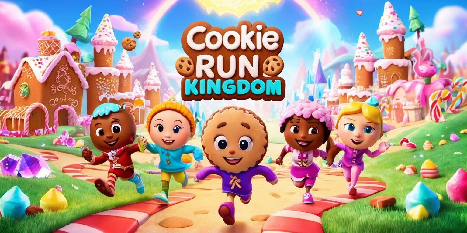 A vibrant fantasy mobile game scene inspired by Cookie Run: Kingdom, featuring charming anthropomorphic cookie characters with expressive faces, colorful icing costumes, candy-themed accessories, and distinct heroic personalities. Set in a whimsical kingdom filled with gingerbread architecture, frosting-covered towers, candy trees, sparkling crystals, and rolling pastel landscapes. Use polished 3D game art with bright saturated colors, soft cinematic lighting, playful proportions, crisp details, dynamic character poses, and a cheerful storybook atmosphere. Compose the image as a lively promotional splash screen with the main cookie heroes in the foreground, a grand candy kingdom in the middle ground, and a glowing magical sky in the background, balancing adventure, warmth, and colorful fantasy.
