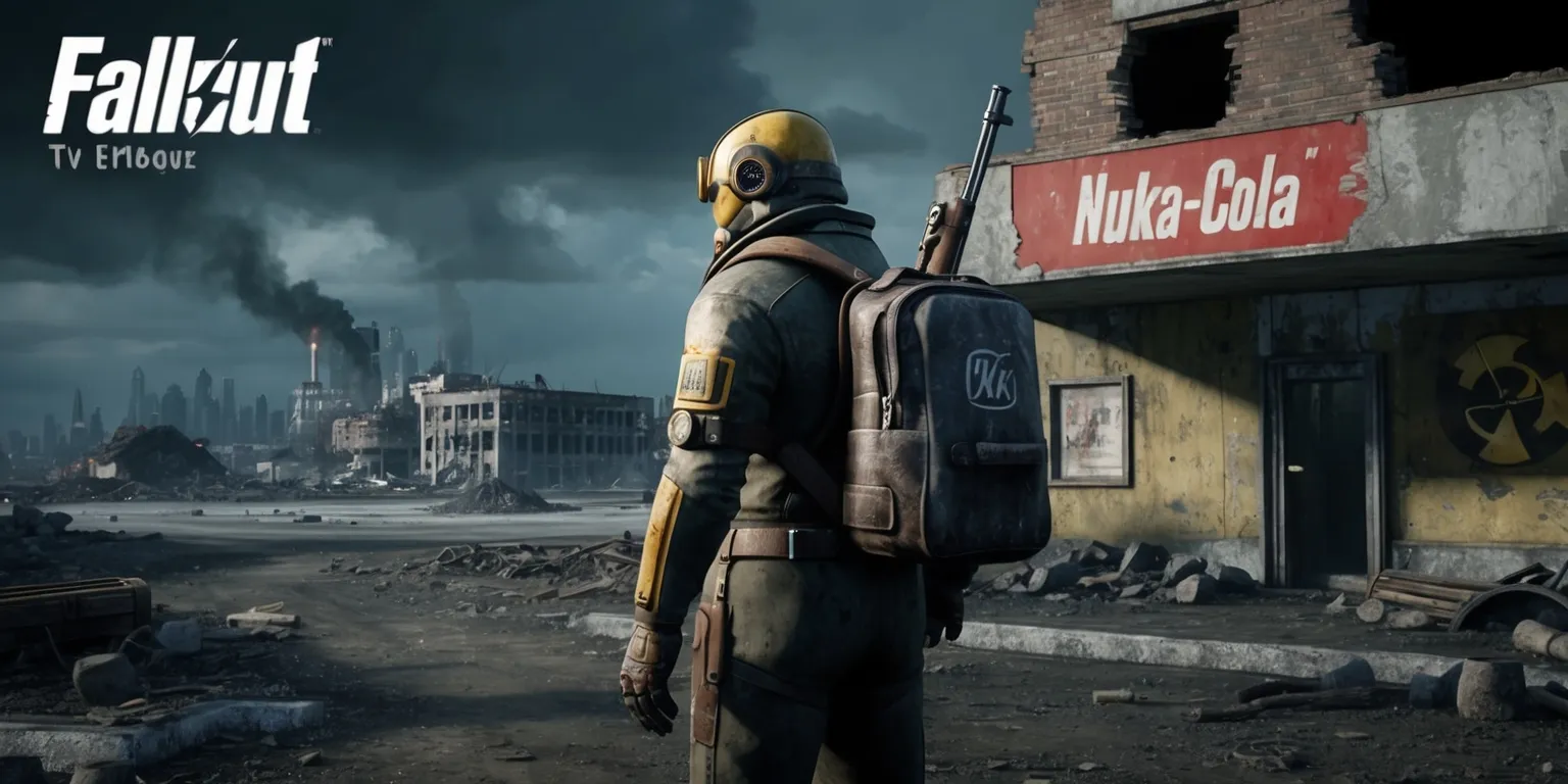 A post-apocalyptic scene from a Fallout TV episode, set in a desolate wasteland with ruins of a city in the background, featuring a lone survivor wearing a Vault-Tec jumpsuit and carrying a Pip-Boy on their wrist, with a worn-out backpack and a rifle slung over their shoulder, standing in front of a partially destroyed building with a faded Nuka-Cola sign, under a gloomy sky with dark clouds and a hint of Radiation symbol visible in the distance, with a color palette of muted browns, grays, and blues, and a gritty, realistic style reminiscent of the Fallout video game series.