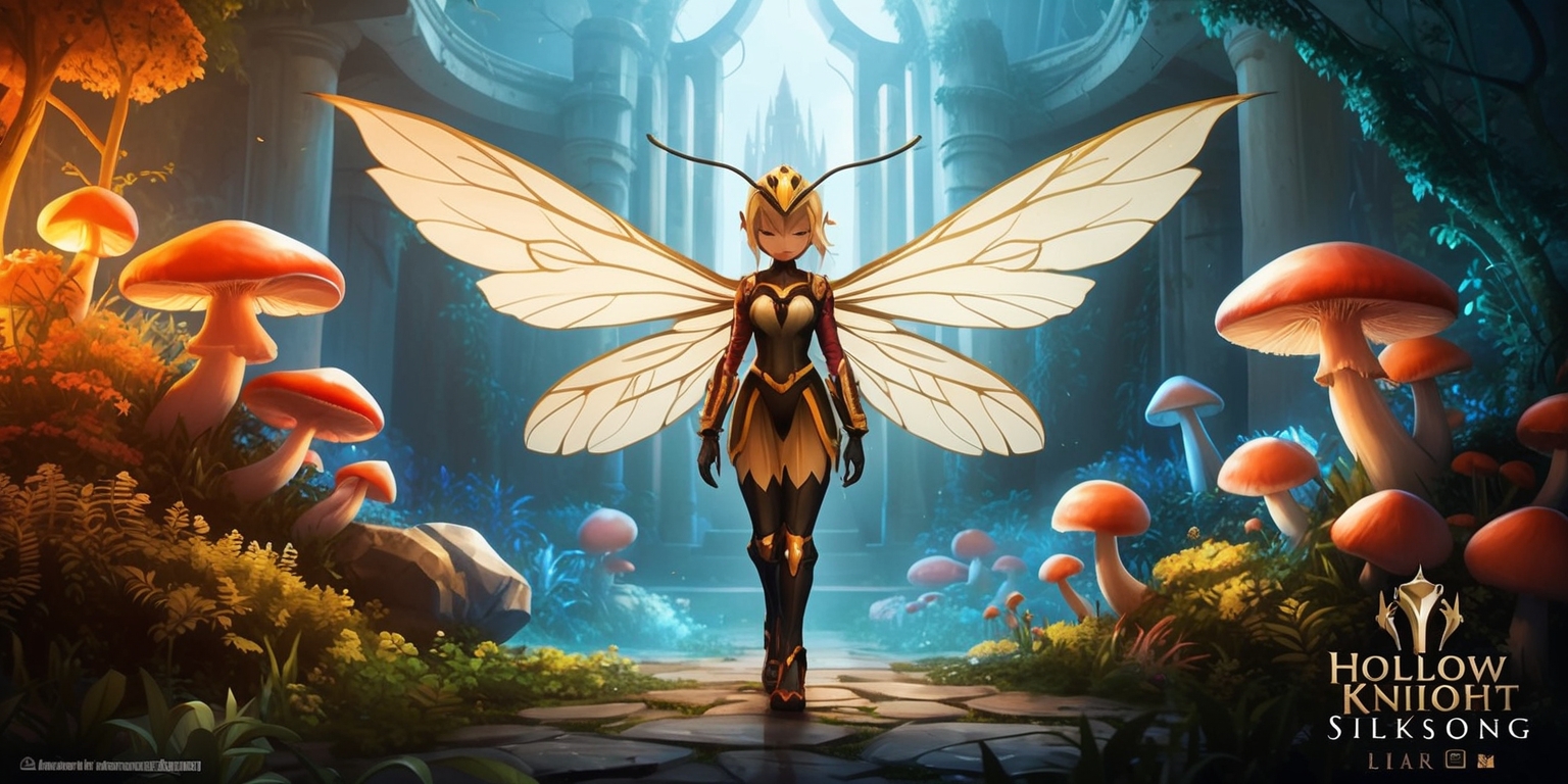 A hauntingly beautiful digital artwork depicting a scene from the highly anticipated game Hollow Knight: Silksong, with protagonist Hornet standing prominently in the center, her delicate wings spread wide, surrounded by lush, vibrant environments and eerie, glowing mushrooms, set against a backdrop of ancient, mystical architecture, with a mix of warm, golden light and cool, eerie blue hues, and intricate, hand-drawn textures, showcasing the game's unique, atmospheric style, with Hornet's facial features and skin tone rendered in exquisite detail, and the Hollow Knight logo or other game elements potentially incorporated in a subtle, yet distinctive manner, blending seamlessly into the dreamlike atmosphere of the game world.
