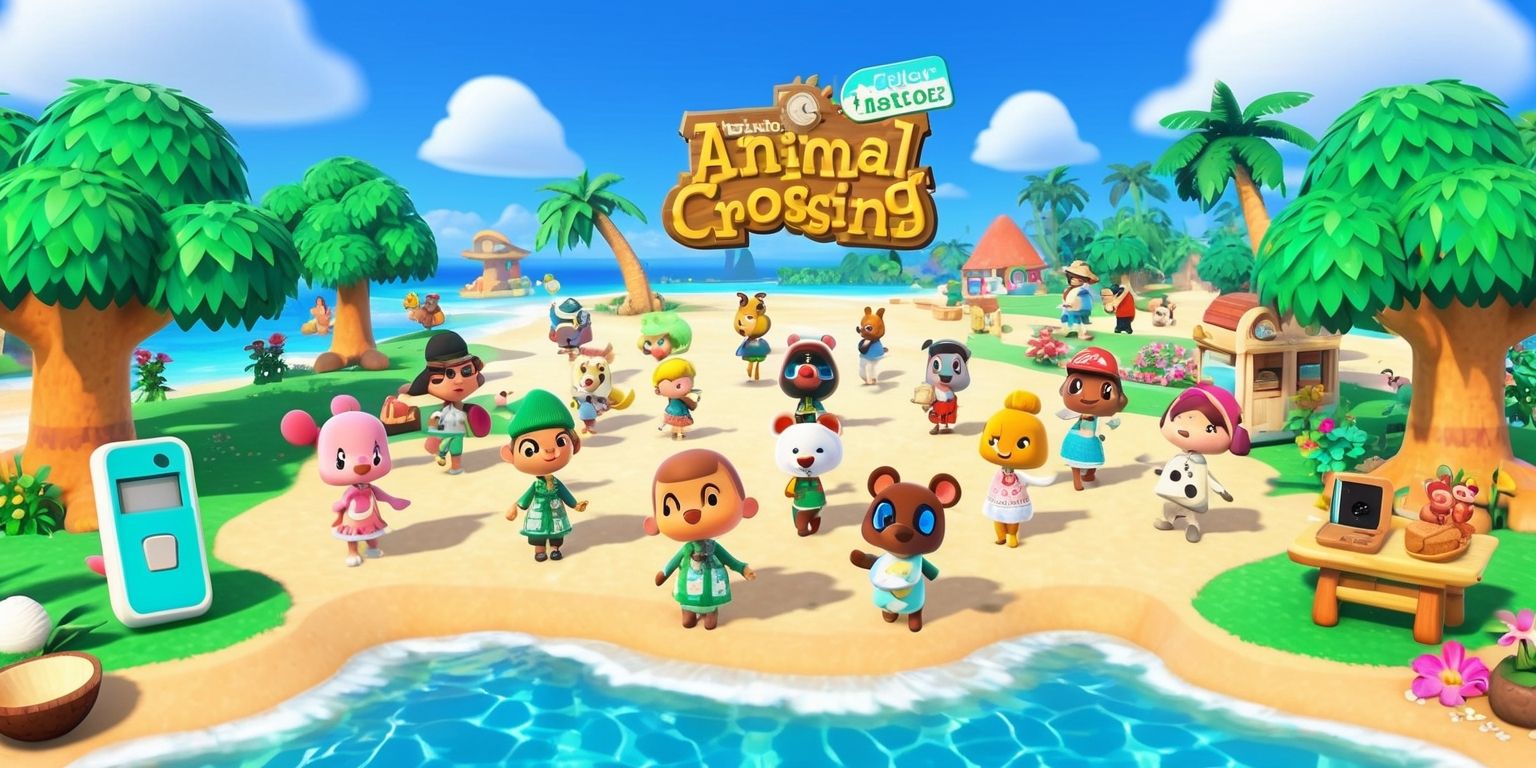A vibrant and colorful digital illustration of the Animal Crossing: New Horizons game, featuring a picturesque island setting with lush green trees, bright blue skies, and a variety of adorable characters, including Tom Nook, K.K. Slider, and other beloved villagers, all rendered in a whimsical and fantastical style with soft textures and delicate lines, set against a beautiful sandy beach with crystal clear waters, complete with intricate details such as seashells, coconuts, and tropical flowers, and incorporating the game's iconic logo and visual elements, including the NookPhone and various furniture items, all blended together in a visually stunning and immersive scene that captures the game's unique charm and personality.