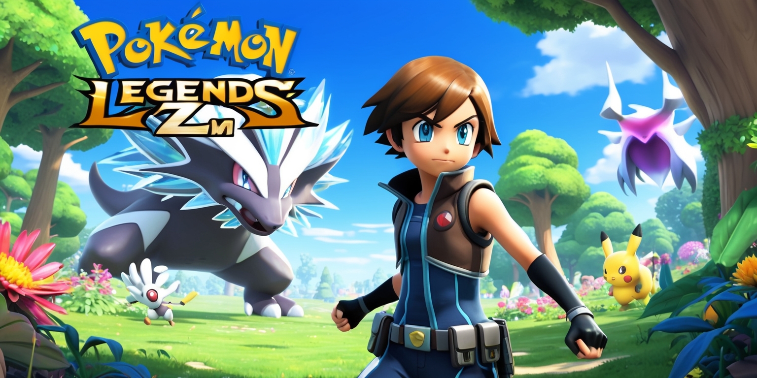 A vibrant and action-packed scene from the Pokémon Legends: Z-A game, featuring a young trainer with short brown hair and bright blue eyes, wearing a sleek outfit with a utility belt and a determined expression, standing in a lush green forest surrounded by tall trees and exotic flowers, with a few Pokémon roaming freely in the background, including a large Zacian with shimmering silver fur and a powerful aura, and a few other Pokémon such as a wild Zapdos and a Mewtwo in the distance, under a clear blue sky with a few puffy white clouds, with the game's logo prominently displayed in bold, gold lettering with a stylized font at the top of the image.