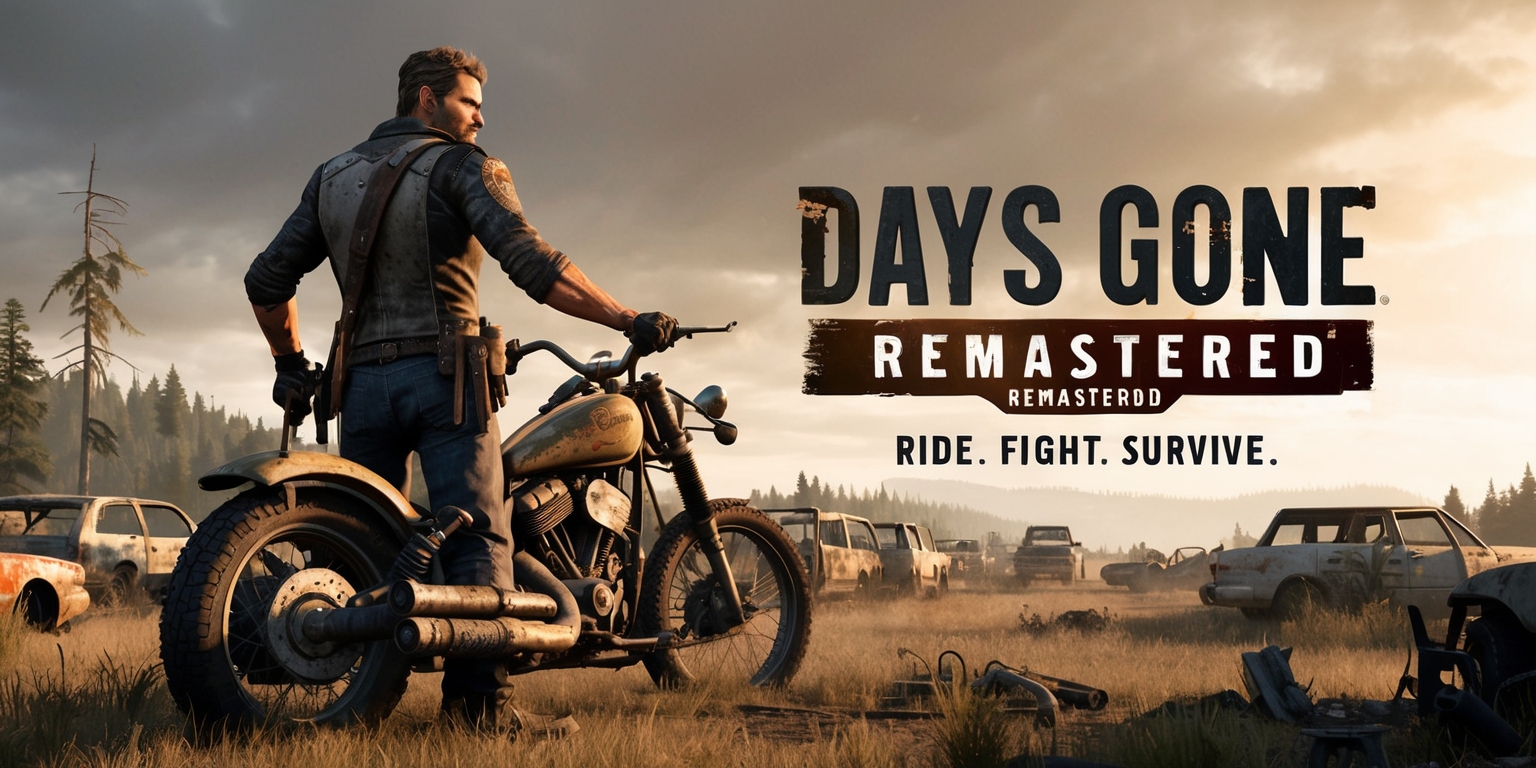 A highly detailed and cinematic poster for the Days Gone Remastered game, set against a rugged, post-apocalyptic Oregon backdrop with a warm, golden light casting long shadows, featuring a gritty, grizzled protagonist Deacon St. John, dressed in worn leather and denim, with a weathered face, stubble, and a focused, determined expression, standing back to back with his trusty bike, adorned with various makeshift armor and weapons, amidst a sea of abandoned vehicles, overgrown vegetation, and remnants of human civilization, with the game's title Days Gone Remastered emblazoned in bold, metallic fonts with a worn, distressed look, and the tagline Ride. Fight. Survive. etched in smaller text below, incorporating a mix of earthy tones and muted colors, with an emphasis on browns, tans, and grays, evoking a sense of grit, realism, and high-stakes adventure.