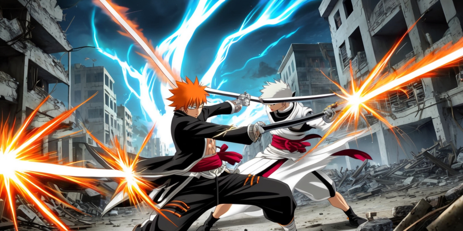 A vibrant and action-packed scene from the Bleach: Thousand-Year Blood War anime, set against a backdrop of a sprawling, war-torn cityscape with crumbling buildings and debris-strewn streets, illuminated by flashes of bright blue and orange spiritual energy. In the foreground, Ichigo Kurosaki, with his spiky orange hair and determined expression, clashes swords with a powerful Quincy adversary, their blades clashing in a shower of sparks. The air is filled with the intense, fiery auras of the combatants, contrasting with the dark, muted tones of the devastated surroundings. The character designs maintain the stylized, dynamic look of the anime series, with bold lines, expressive facial features, and intricate details on the characters' attire. The overall atmosphere is one of high-energy intensity, capturing the epic scope and dramatic tension of the Thousand-Year Blood War arc.