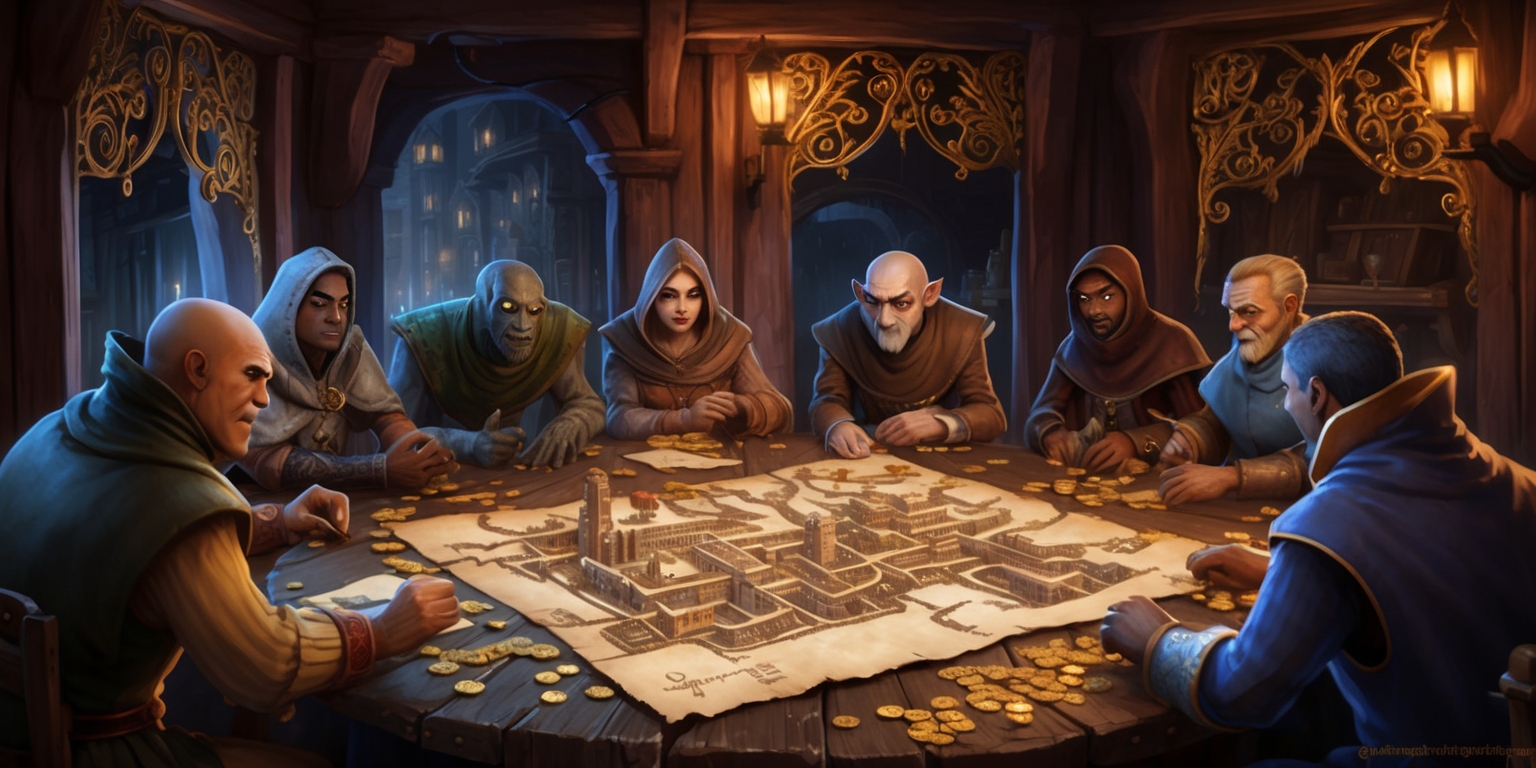 A mystical, dimly lit tavern scene set in a fantasy world, with rich wooden tones and flickering candlelight, serves as the backdrop for a Thieves Guild quest game in progress, where a group of shady characters, each with unique facial features and skin tones, gather around a worn, ornate table, surrounded by scattered maps, parchments, and gold coins, their eyes fixed on a large, unfolded map spread before them, detailing a labyrinthine city with narrow alleys and towering spires, as they plan their next daring heist, with intricate, golden filigree adorning the walls, and the subtle glow of lanterns casting a warm, inviting ambiance, evoking a sense of secrecy and intrigue.